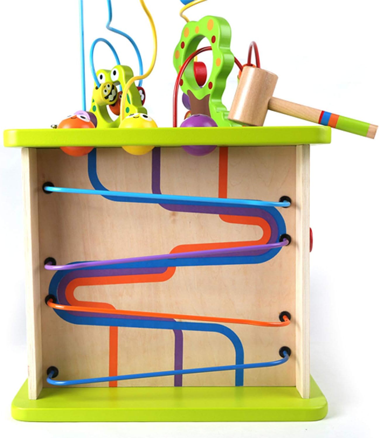 Country Critters Wooden Activity Play Cube by  International International International | Wooden Learning Puzzle Toy for Toddlers, 5-Sided Activity Center with Animal Friends, Ss, Mazes, Wooden Balls, S Sorter Blocks and More