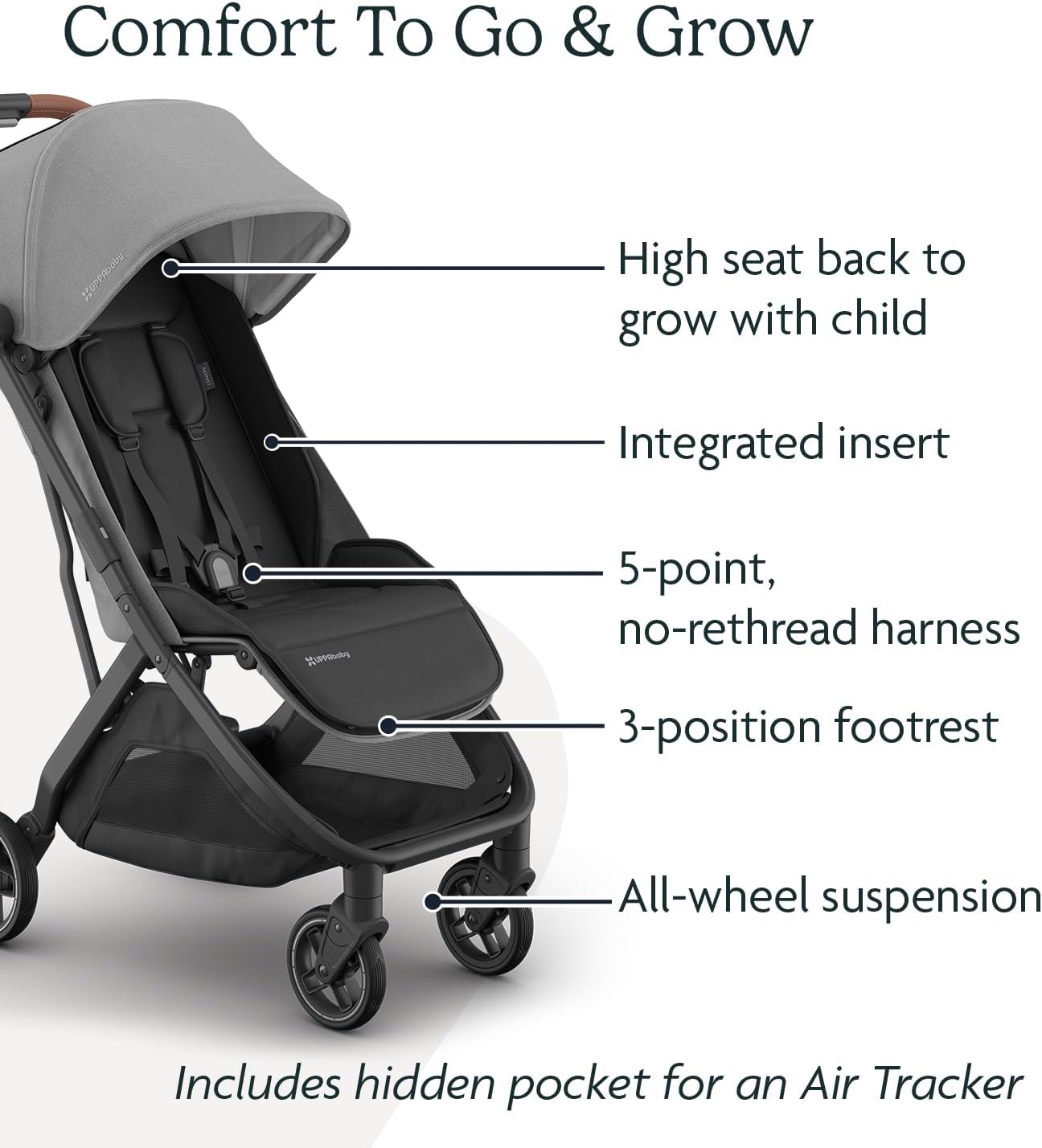 Minu V3 Travel Stroller | Lightweight + Compact Design | One-Hand Fold + Unfold | from Birth + Overhead Compatible | Greyson (Charcoal Mélange/Carbon Frame/Saddle Leather)