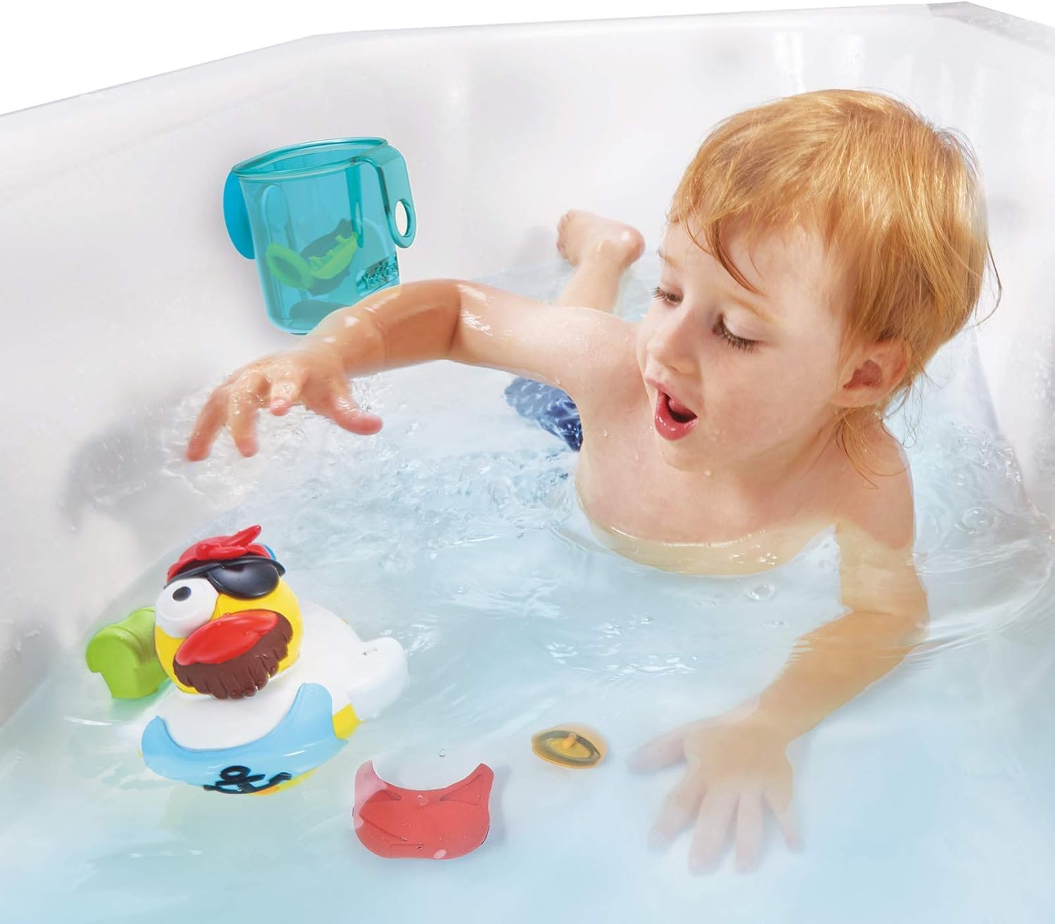 Jet Duck Pirate Bath Toy with Powered Water Hydrant Shooter - Sensory Development & Bath Time Fun for Kids - Battery Operated Bath Toy with 15 Pieces - Ages 2+