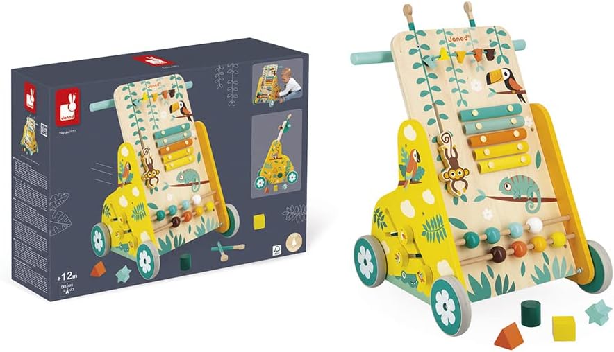 - Tropik - Multi-Activity Trolley - Walker with Blocks - Wooden Pull-Along Cart - Early-Learning - from 18 Months - Multilingual - 382698.
