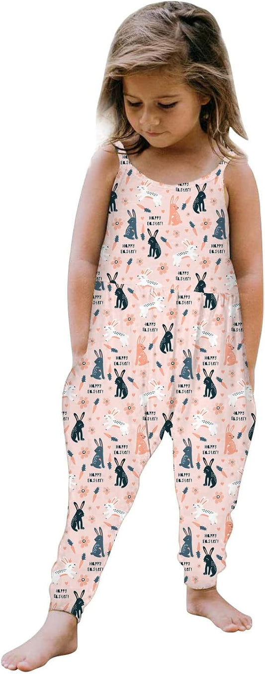 Baby Girls Easter Strap Jumpsuit Toddler Girls 𝐂artoon Print 𝐇a𝐥t𝐞r Romper Pants with Pockets Cute (Pink, 1-2 Years)