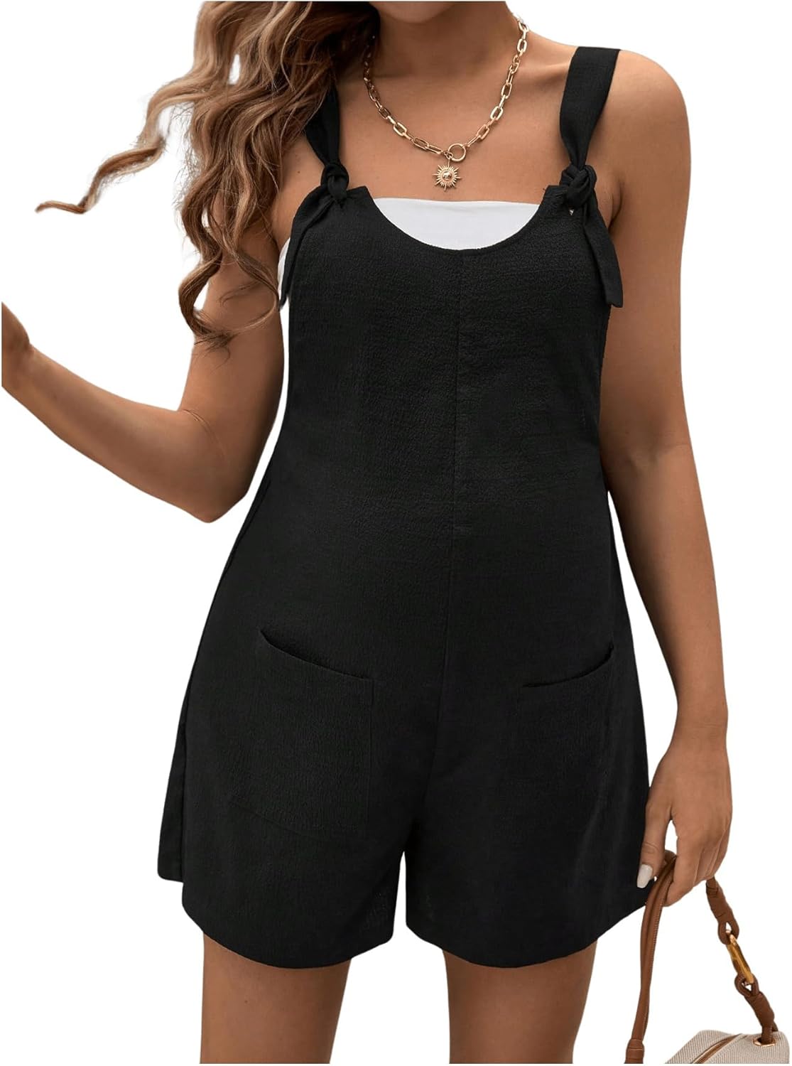 Women'S Maternity Tie Knot Wide Strap Suspender Overall Shorts Jumpsuit Sleeveless Romper with Pocket