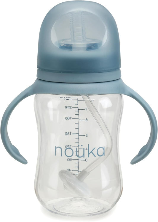 Nouka Tritan Plastic Transitional Sippy Cup with Weighted Straw | Leak Proof and Easy Grip | Removable Handles | Wave