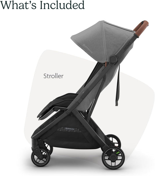 Minu V3 Travel Stroller | Lightweight + Compact Design | One-Hand Fold + Unfold | from Birth + Overhead Compatible | Greyson (Charcoal Mélange/Carbon Frame/Saddle Leather)