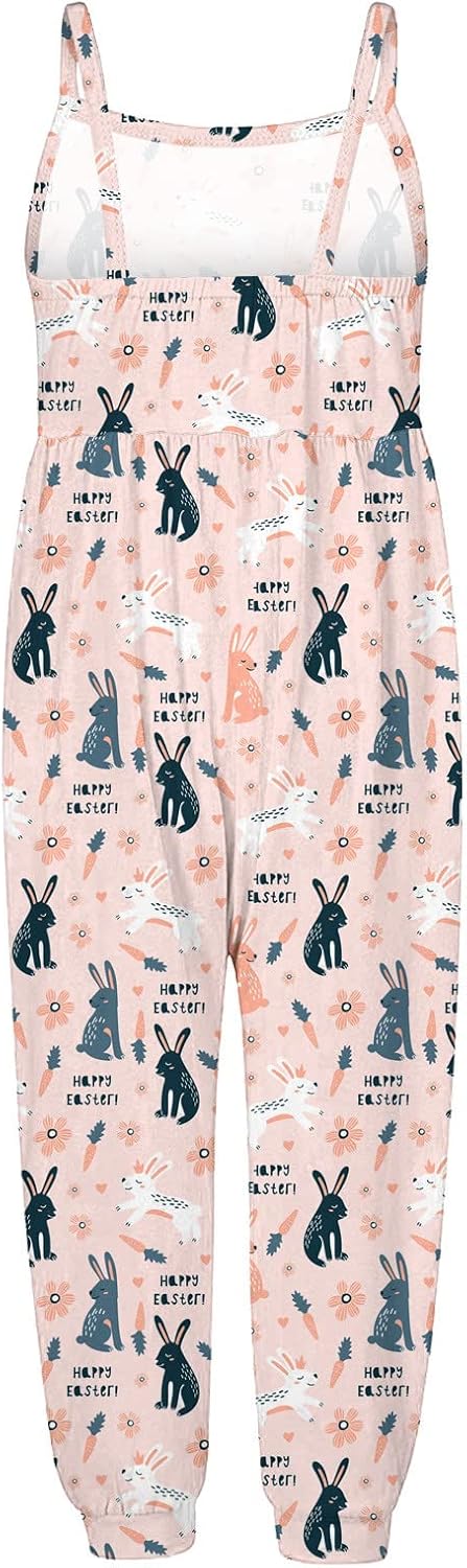 Baby Girls Easter Strap Jumpsuit Toddler Girls 𝐂artoon Print 𝐇a𝐥t𝐞r Romper Pants with Pockets Cute (Pink, 1-2 Years)