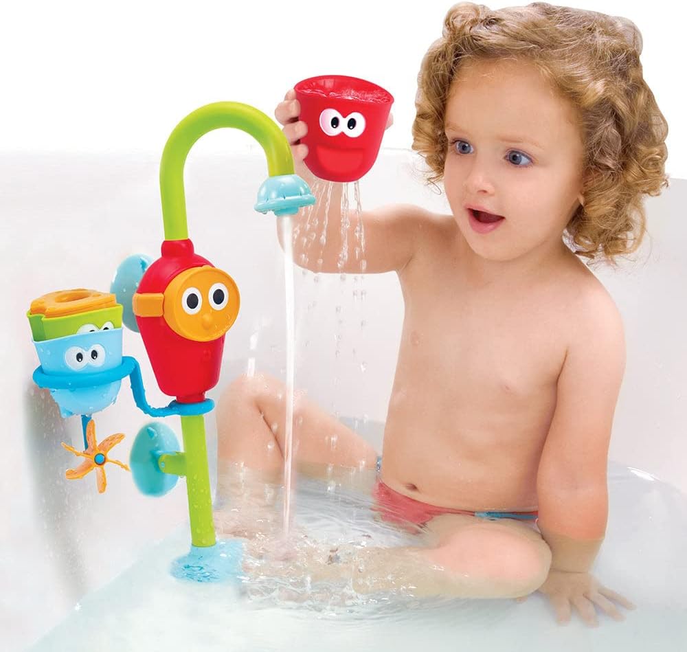 Toddler Bath Toy - Flow N Fill Spout - Three Stackable Play Cups and Water Spray Spout for Kids Bathtime Fun
