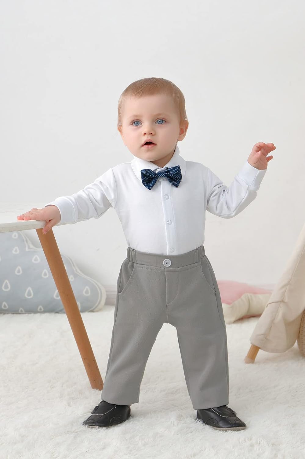 Baby Boy Clothes Toddler Boy Outfits, 4PC Gentleman Dress Romper + Vest + Pants + Bow Tie Cotton Suit Set