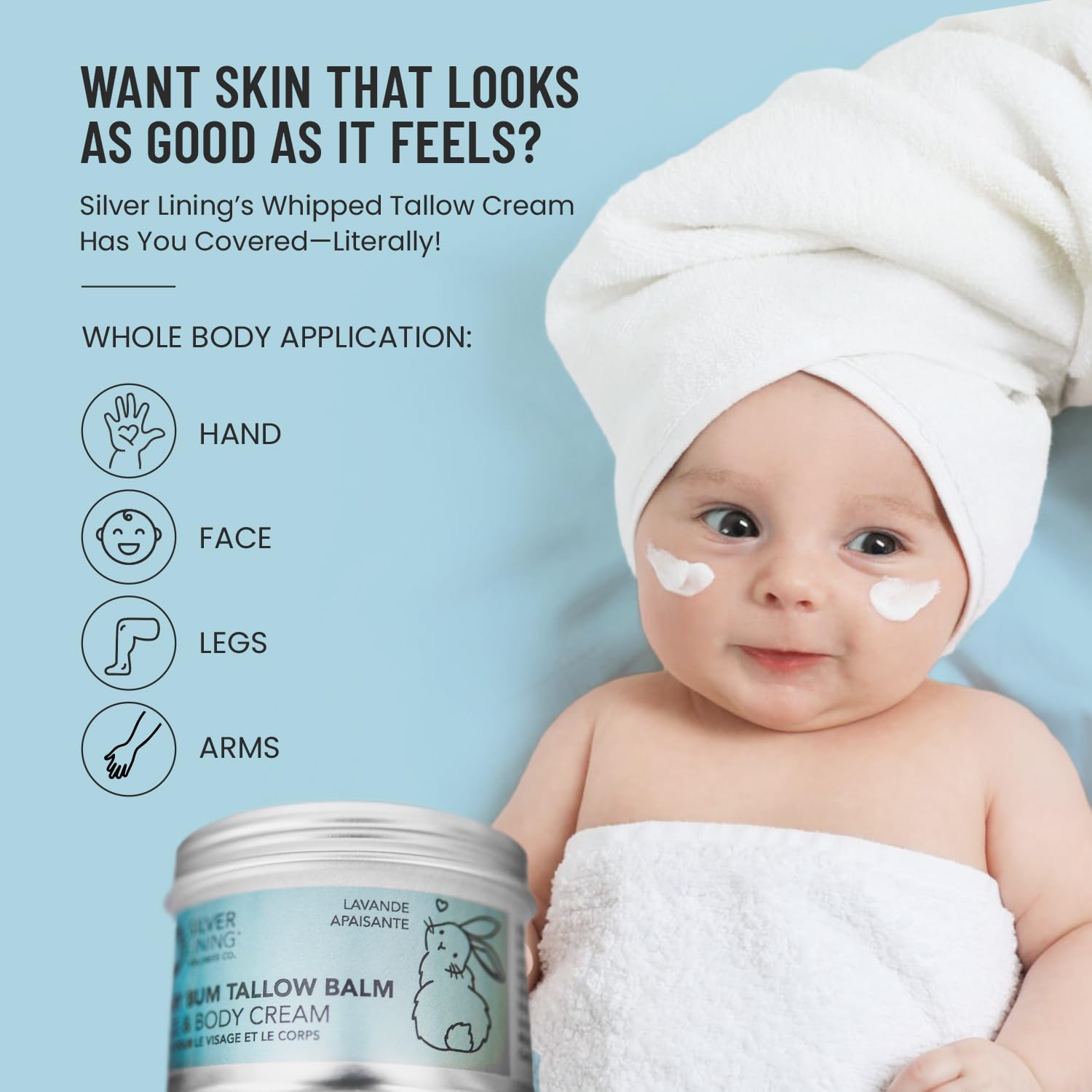 Whipped Beef Tallow Face Cream, Baby Body & Face Moisturizer, Grass Fed Beef Tallow Skincare with Zinc Oxide, Phthalates & Parabens Free, Suif De Boeuf Made in Canada, 3.38Floz, Soothing Lavender