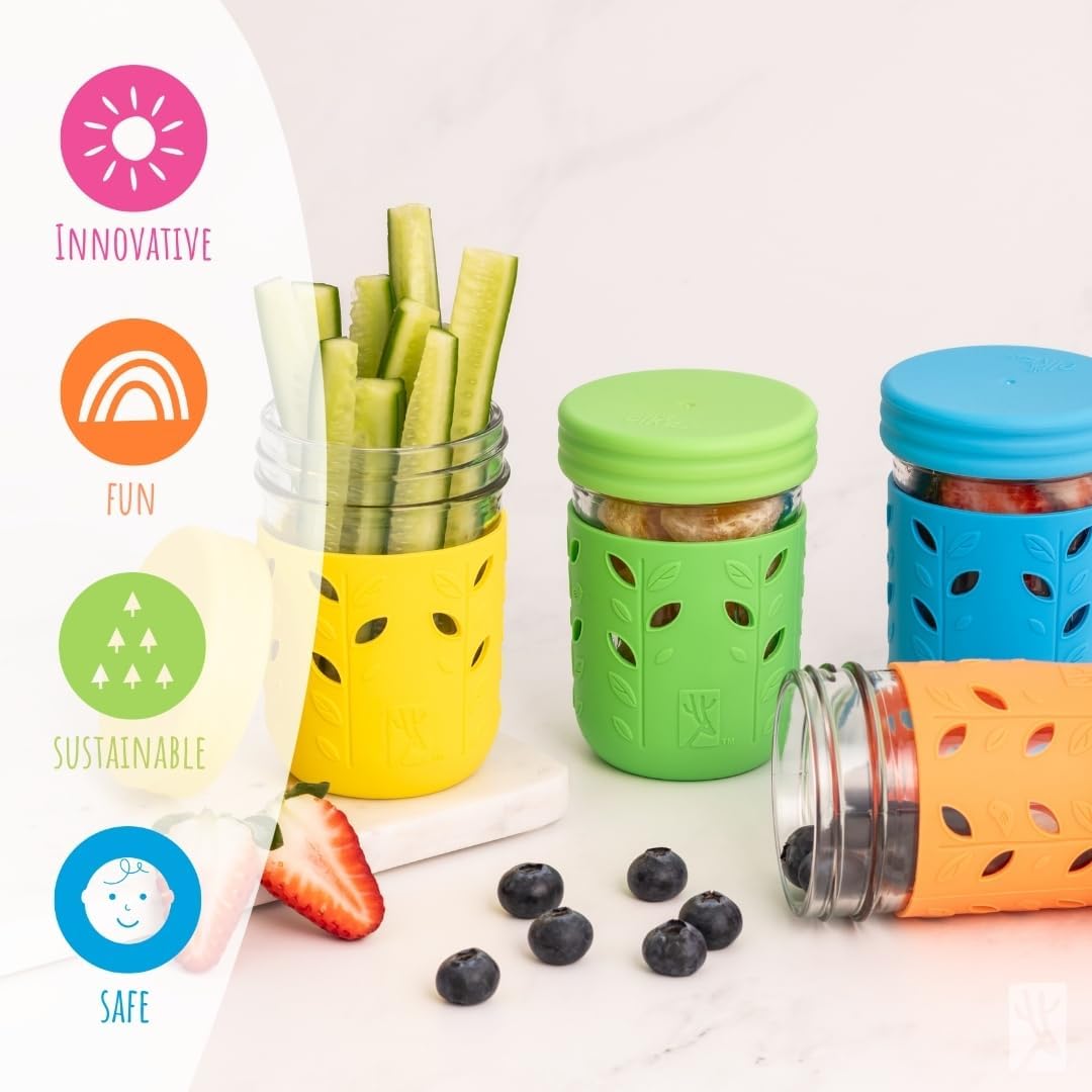 Kids & Toddler Cups | the Original Glass Mason Jars 8 Oz with Silicone Sleeves & Silicone Straws with Stoppers | Smoothie Cups | Spill Proof Sippy Cups for Toddlers
