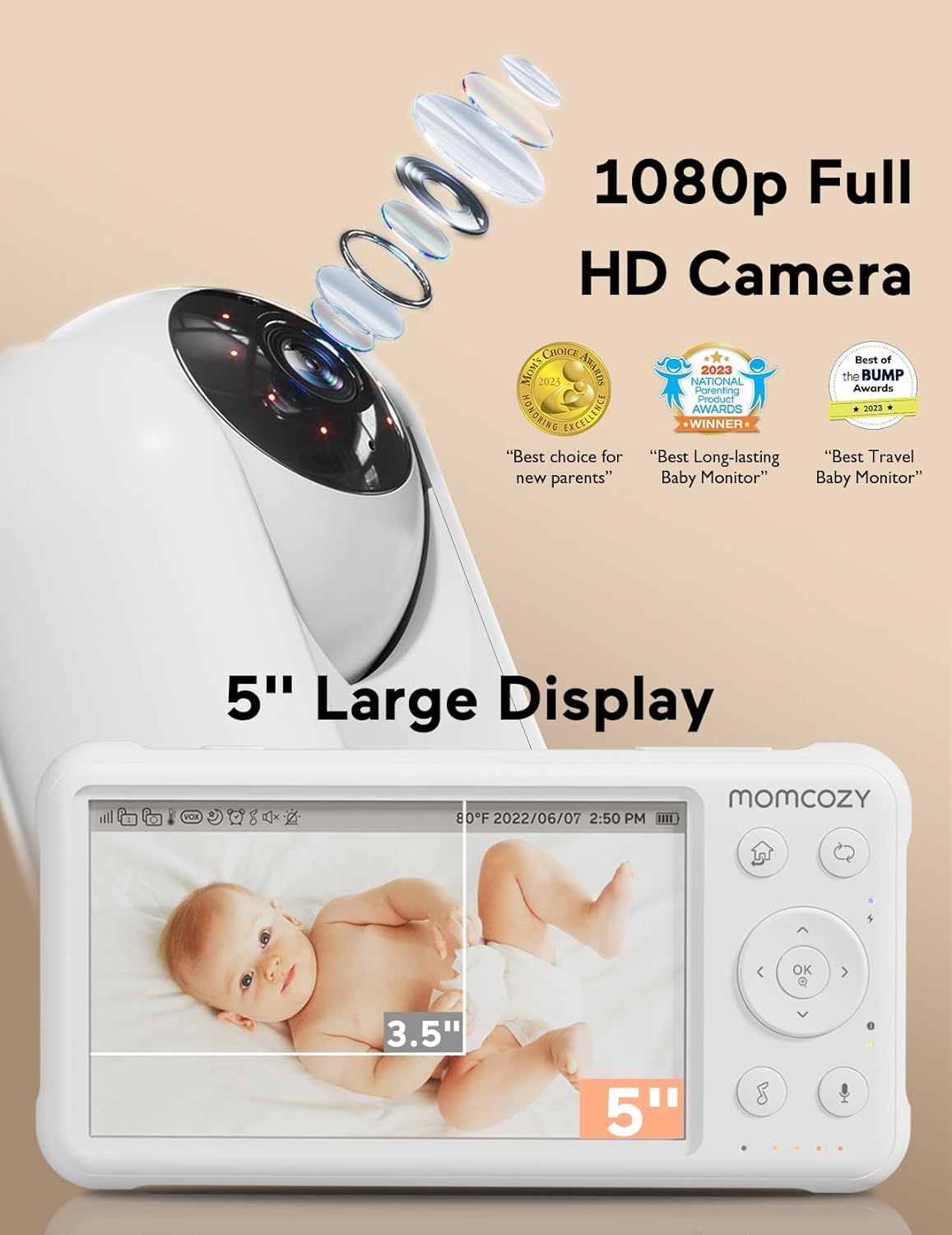 Video Baby Monitor, 1080P 5'' HD Baby Monitor with Camera, Built-In Wide Angle Lens, 2-Way Audio, IR Night Vision, 5000Mah Battery, 960Ft Range, Temperature Sensor, Lullaby, Easy to Operate