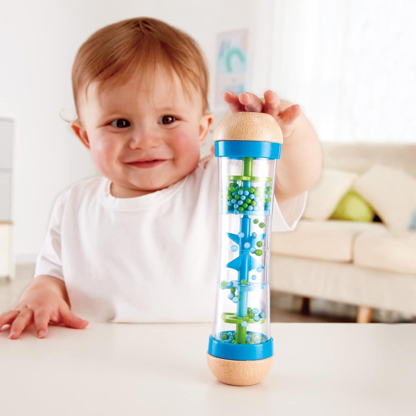 Beaded Raindrops | Mini Wooden Musical Shake & Rattle Rainmaker Toy, Blue, Model Number: E0328B,L: 2, W: 2, H: 7.9 Inch
