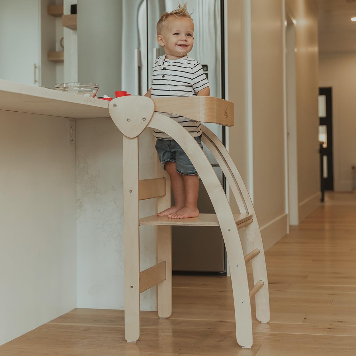 Pikler Observation Tower Toddler Foldable, Kitchen Nursery Helper Step Stool Standing Tower, Safety Rail in Natural Birchwood, Strong and Lightweight (Natural)