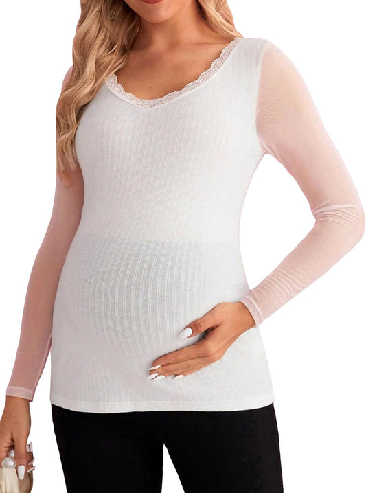 Women'S Maternity Sheer Mesh Long Sleeve Lace Trim V Neck T Shirt Solid Rib Knitted Slim Fit Shirt Tops