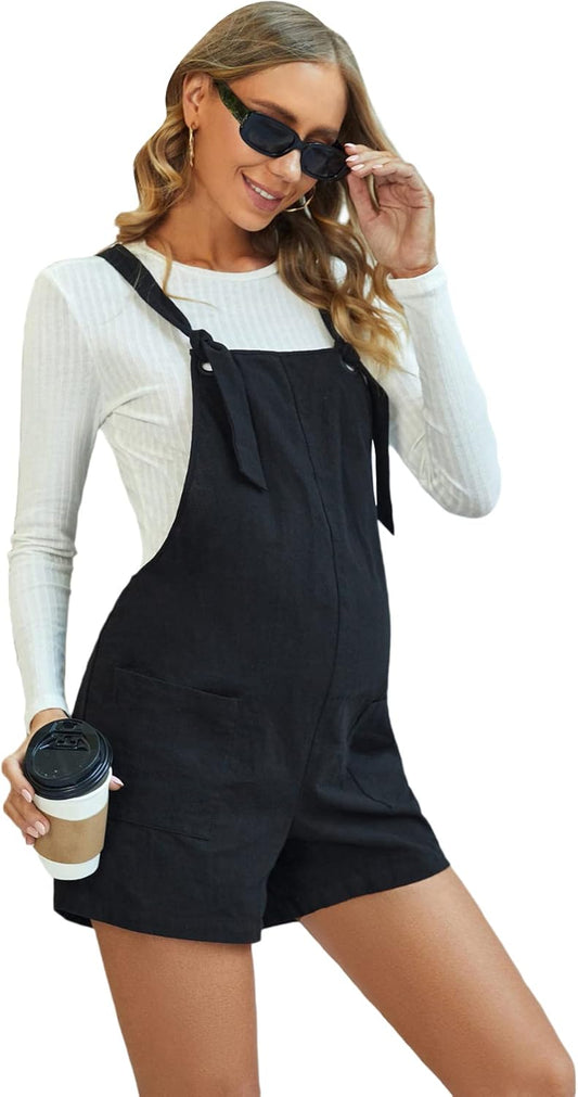 Women'S Maternity Overall Shorts Tie Knot Strap Short Romper Jumpsuit with Two Pockets