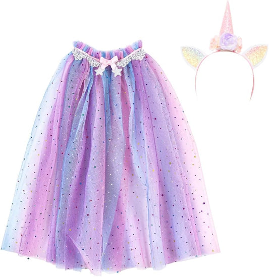 Rainbow Unicorn Cape & Headband - Size 4-6, Imaginative Play for Ages 4 to 6