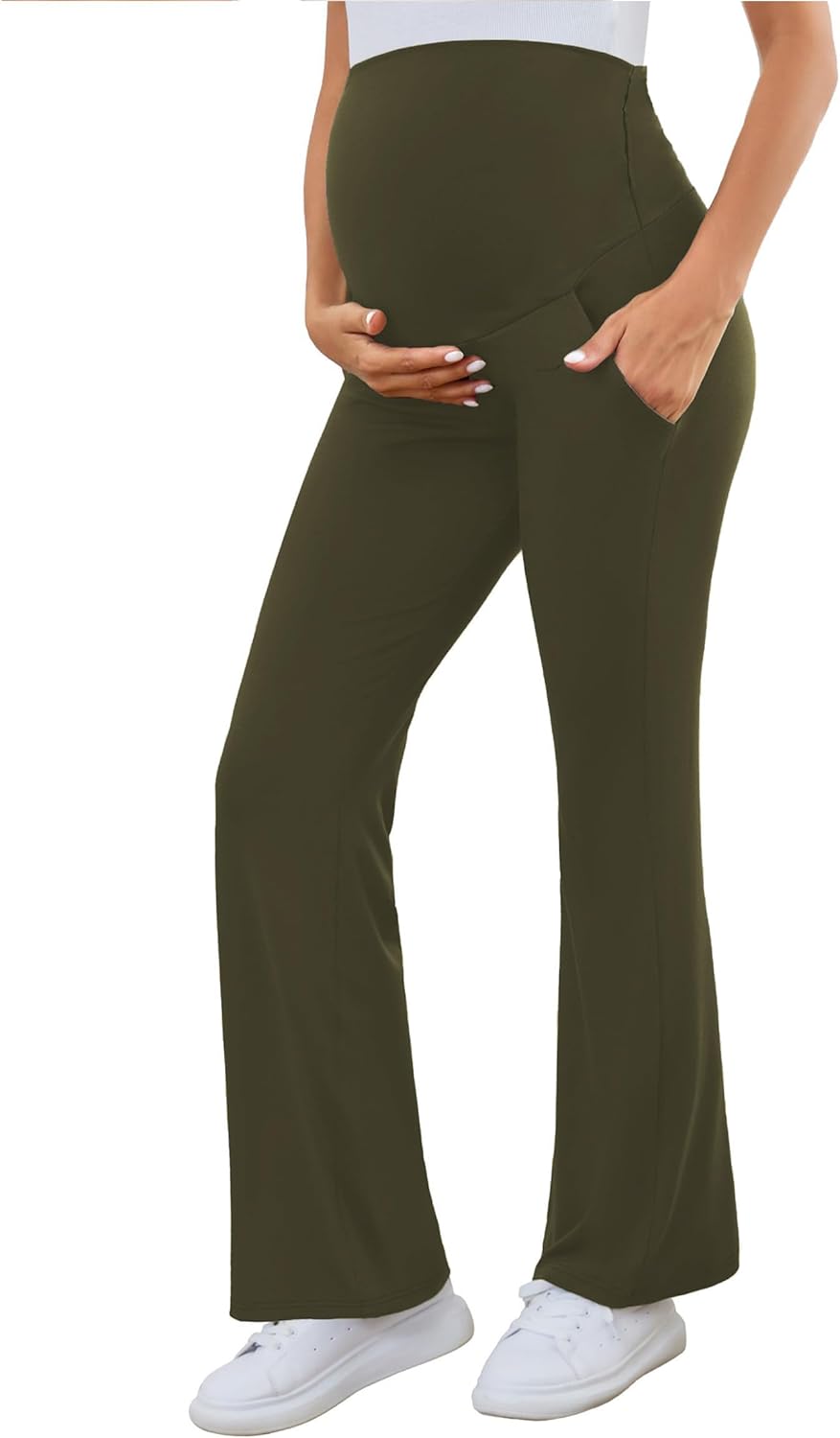 Maternity Flare Pants over the Belly Work Pregnancy Pants Stretchy Lounge Wide Leg Trousers with Pockets