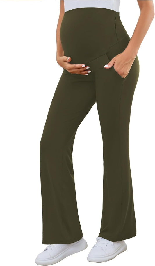 Maternity Flare Pants over the Belly Work Pregnancy Pants Stretchy Lounge Wide Leg Trousers with Pockets
