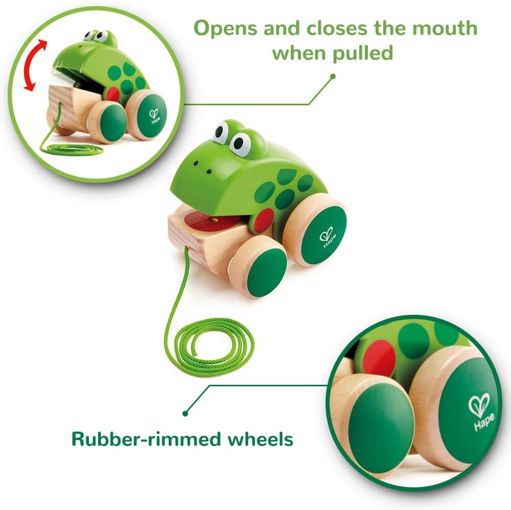 Frog Pull-Along | Wooden Frog Fly Eating Pull Toddler Toy, Bright Colors