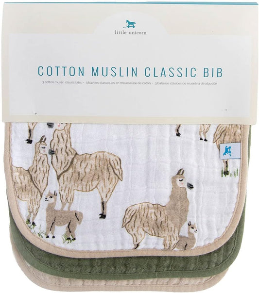 Cotton Muslin Classic Bib 3 Pack- 100% Cotton - Machine Washable - Softer with Every Wash - Playful Designs - 3 Lightweight, Breathable Layers - for Boys and Girls (Llama Llama Set)