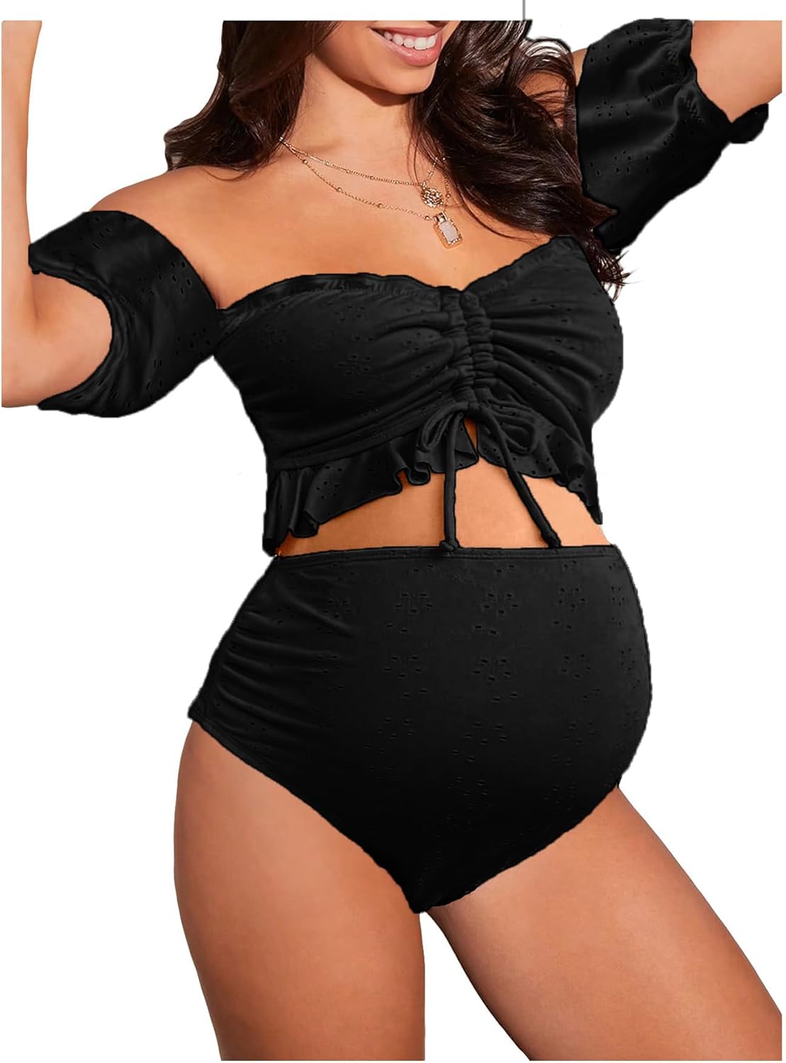 Women'S Maternity 2 Pieces High Waist off Shoulder Ruffle Hem Bikini Set Swimsuit Pregnancy Swimwear