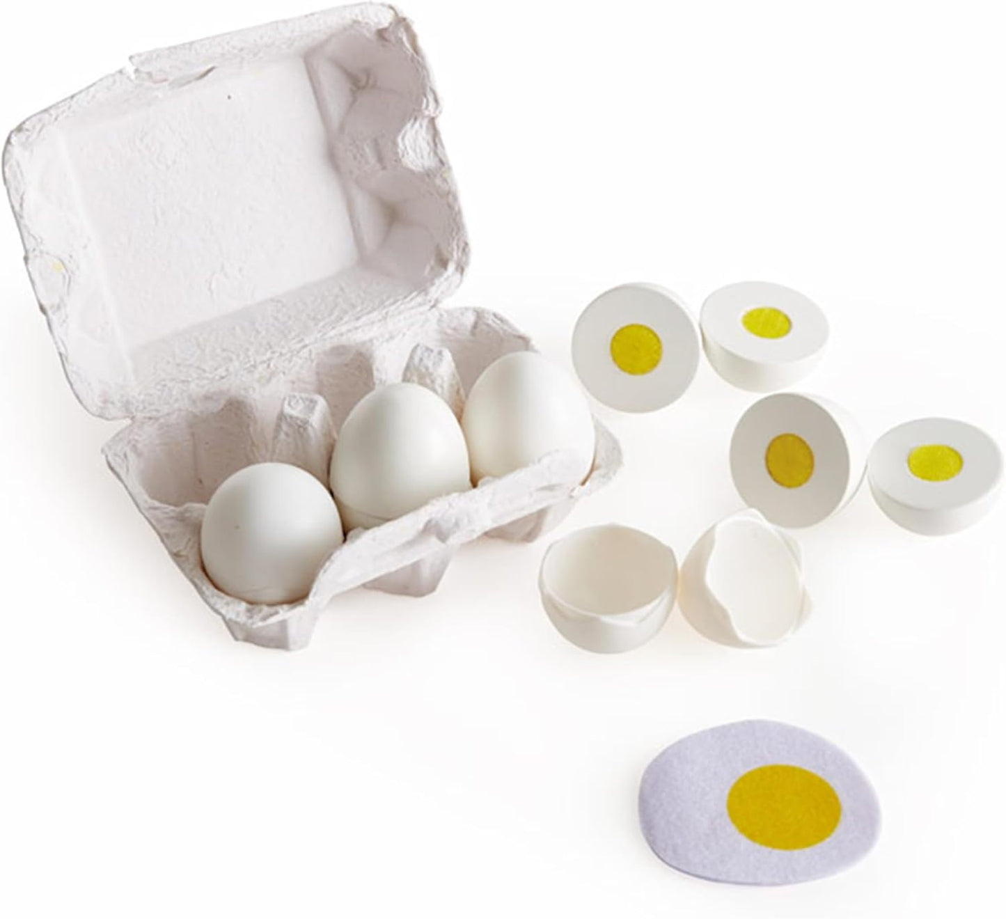 Egg Carton | 3 Hard-Boiled Eggs with Easy-Peel Shell & 3 Fried, Wooden Realistic Educational Toy for Children 3+, White and Yellow (E3156)