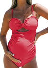 Women'S One Piece Swimsuit Maternity Bathing Suit Pregnancy Ruffled Sweetheart Neck Cutout Front Bow Back Hook, Raspberry Red, Medium