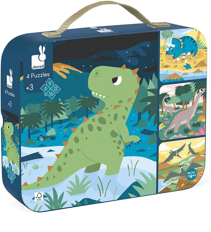 • 4 Progressive Difficulty Dinosaurs Jigsaw Puzzle • 6, 9, 12, 16 Pieces • 20 X 20 Cm Cardboard Puzzle • Educational Toys Gift for Kids Boys and Girls 2-4 Years • J02657