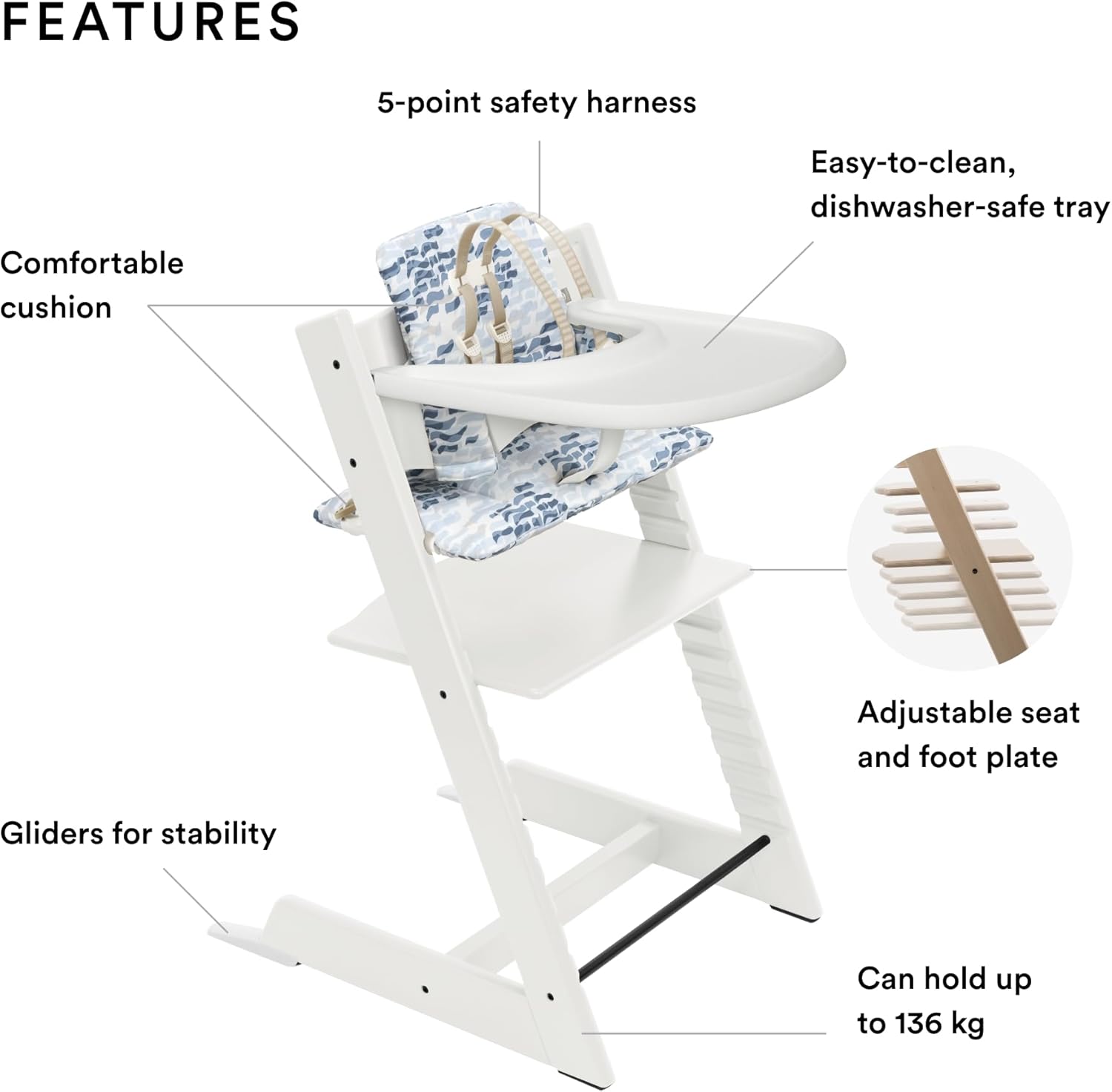 Tripp Trapp High Chair and Cushion with  Tray - White with Waves Blue - Adjustable, Convertible, All-In-One High Chair for Babies & Toddlers