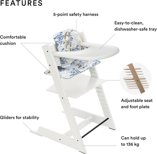 Tripp Trapp High Chair and Cushion with  Tray - White with Waves Blue - Adjustable, Convertible, All-In-One High Chair for Babies & Toddlers