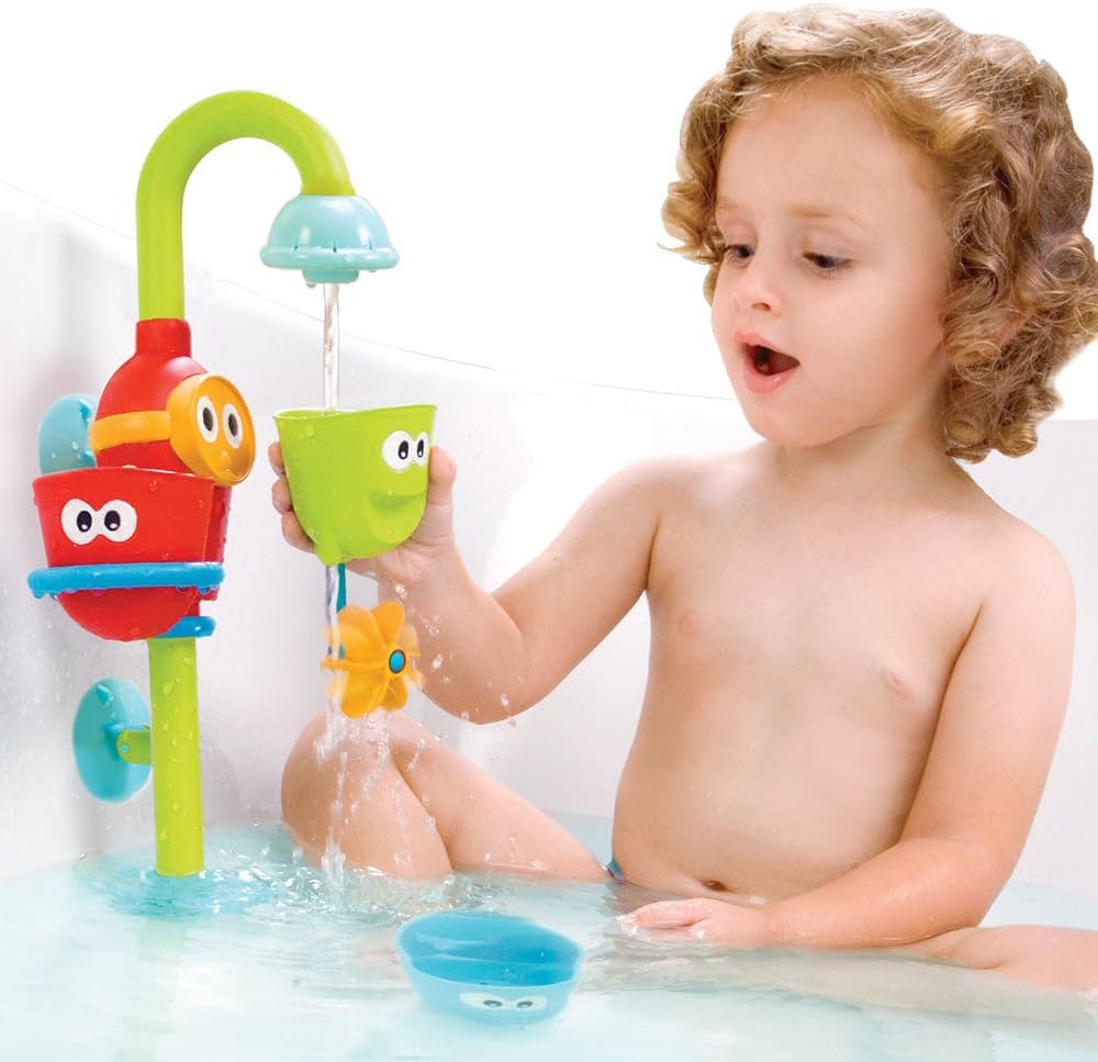 Toddler Bath Toy - Flow N Fill Spout - Three Stackable Play Cups and Water Spray Spout for Kids Bathtime Fun
