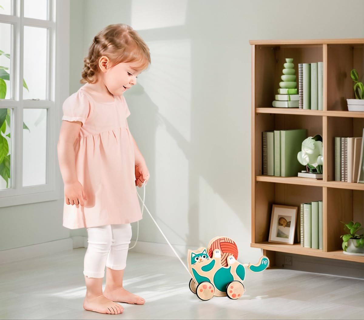 Wooden Walk-A-Long Kitten Pull Toy| Roll & Rattle Push Pull Toy for Toddler| Montessori Toys for Walking Toddlers, Green
