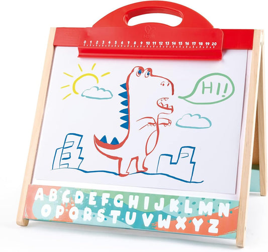 3 in 1 Tabletop 2 Sided Standing Artwork Easel Blackboard and Magnetic Erasable Whiteboard W/ 10 Chalk Colors & 2 Marker Pens, for Ages 3 and Up