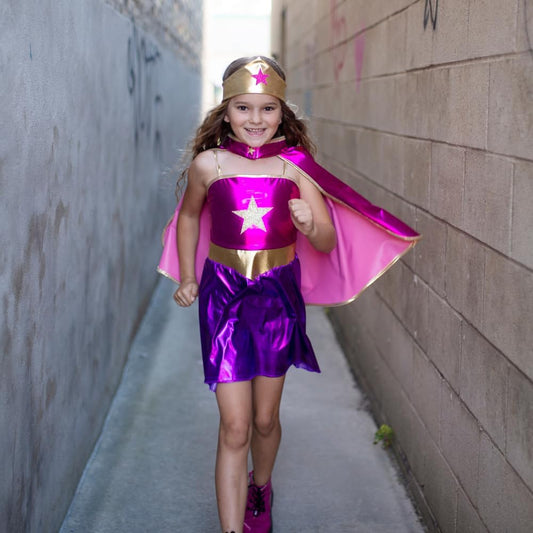 Superhero Star Dress, Cape & Headpiece, Magenta/Purple, Size 5-6