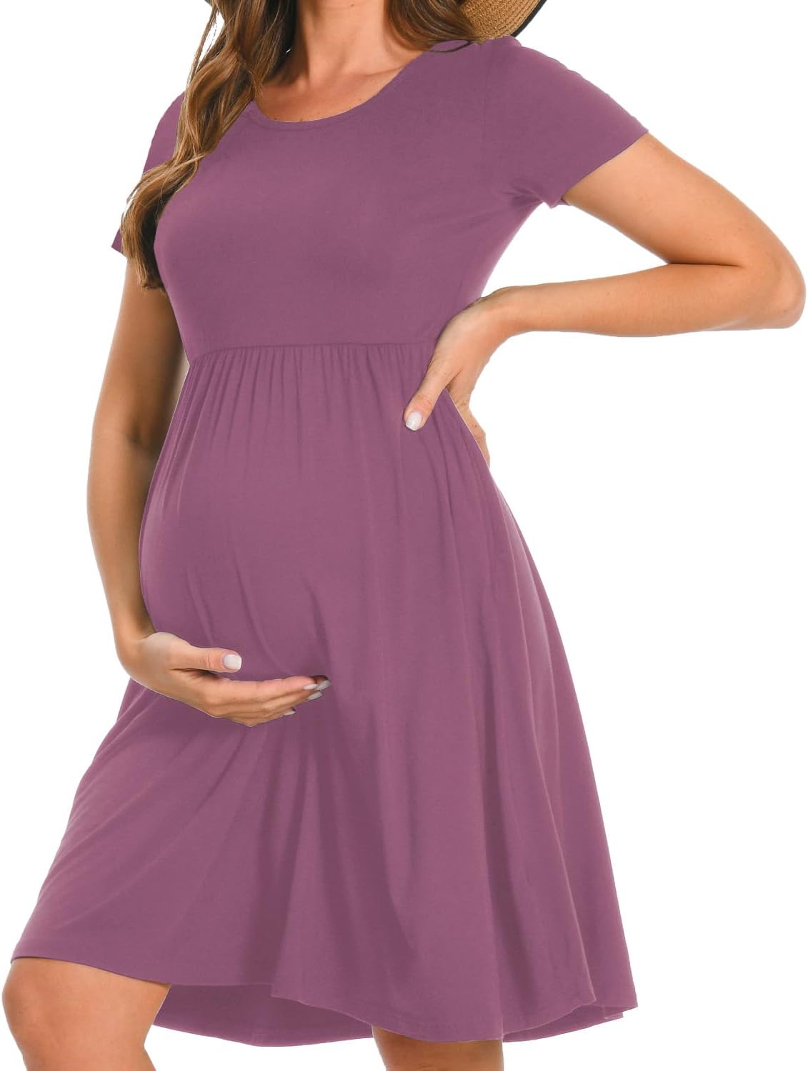 Women’S Short Sleeve Maternity Dress Patchwork Pregnancy Dress with Pocket