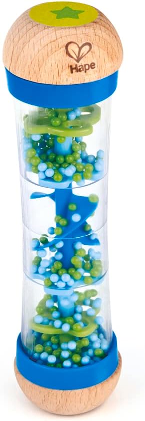 Beaded Raindrops | Mini Wooden Musical Shake & Rattle Rainmaker Toy, Blue, Model Number: E0328B,L: 2, W: 2, H: 7.9 Inch