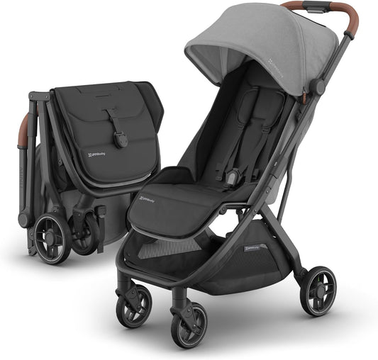 Minu V3 Travel Stroller | Lightweight + Compact Design | One-Hand Fold + Unfold | from Birth + Overhead Compatible | Greyson (Charcoal Mélange/Carbon Frame/Saddle Leather)