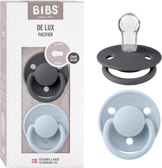 De Lux Baby Pacifier 2-Pack | Made in Denmark | BPA Free Dummy Soother, round Nipple. Silicone, Onesize (0-36 Months), Iron/Baby Blue