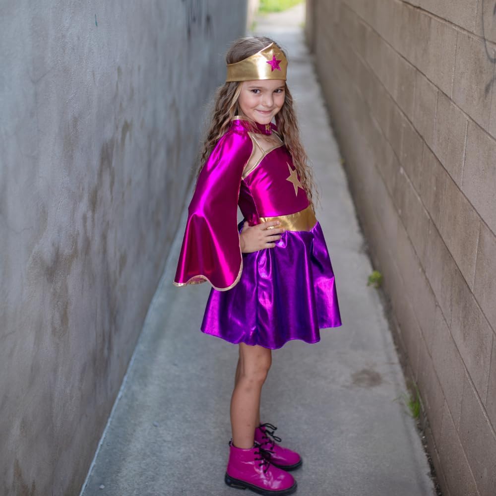 Superhero Star Dress, Cape & Headpiece, Magenta/Purple, Size 5-6