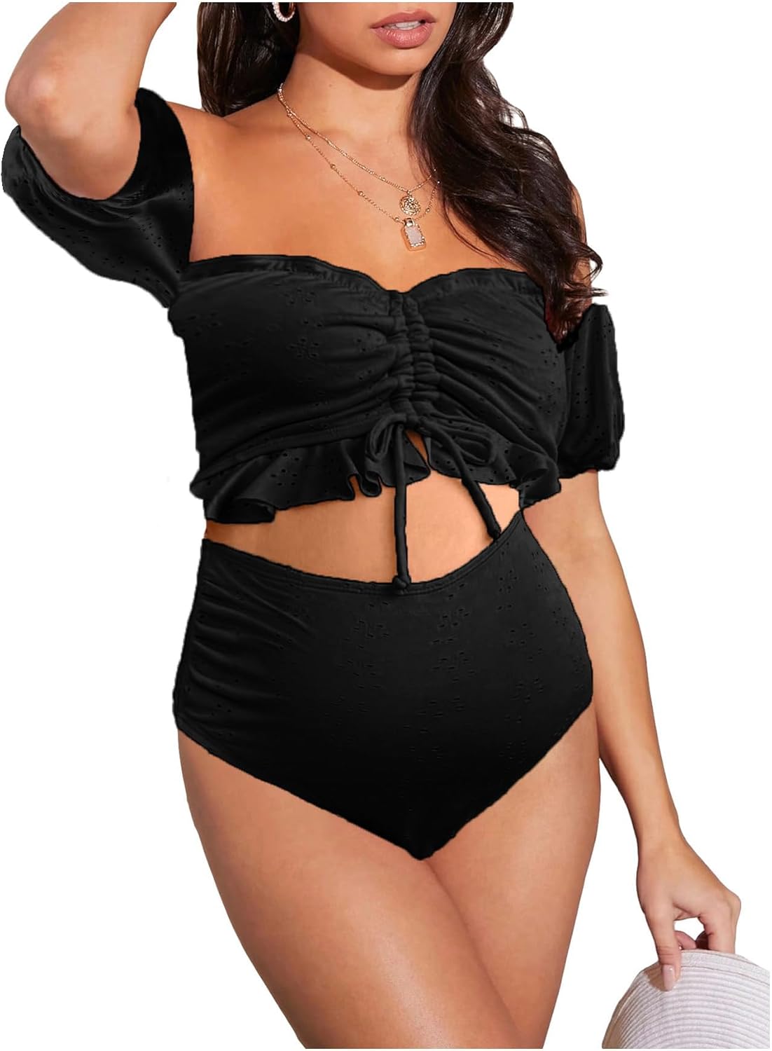 Women'S Maternity 2 Pieces High Waist off Shoulder Ruffle Hem Bikini Set Swimsuit Pregnancy Swimwear