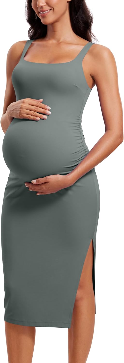 Women Butterluxe Sleeveless Tank Maternity Dress Split Ruched Pregnancy Square Neck Bodycon Casual Baby Shower