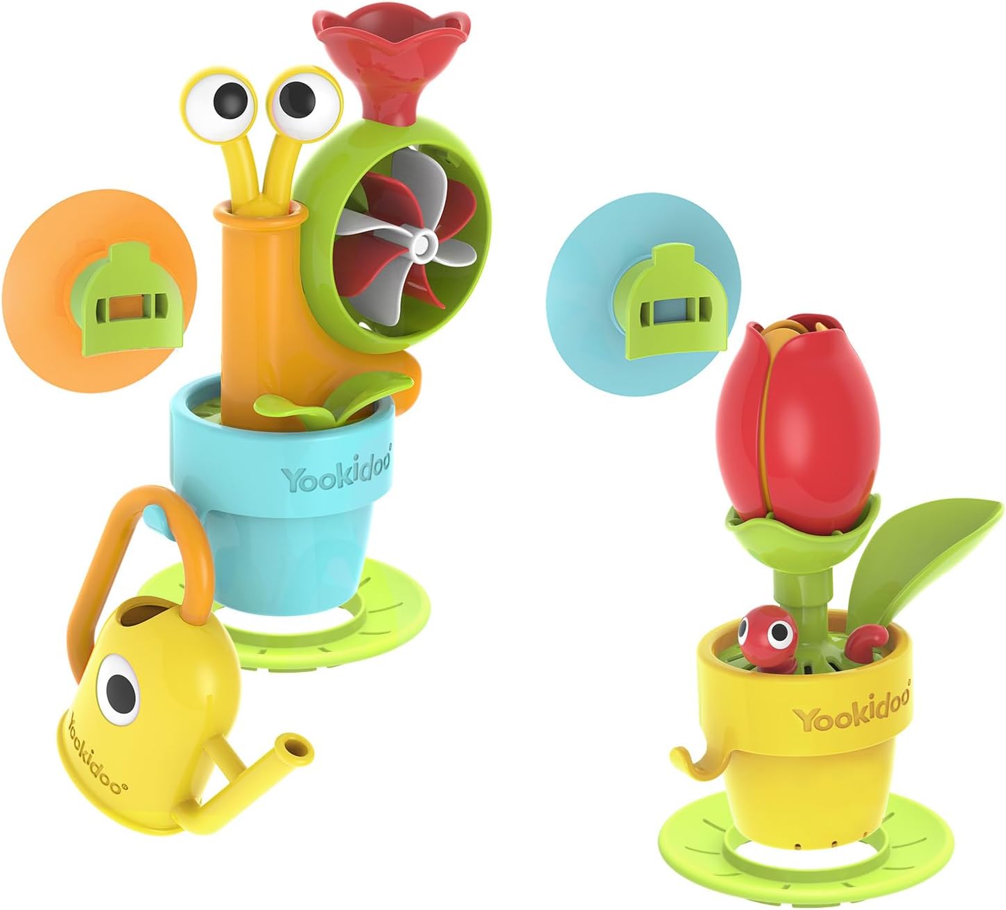 Toddler Baby Bath Toy (Ages 1-3) Garden Adventure Set Bundle: Snail & Flower with Watering Can (Mold Free) Attach to Any Tub, Shower Fun for Bath Time - Great for Boys , Girls & Kids