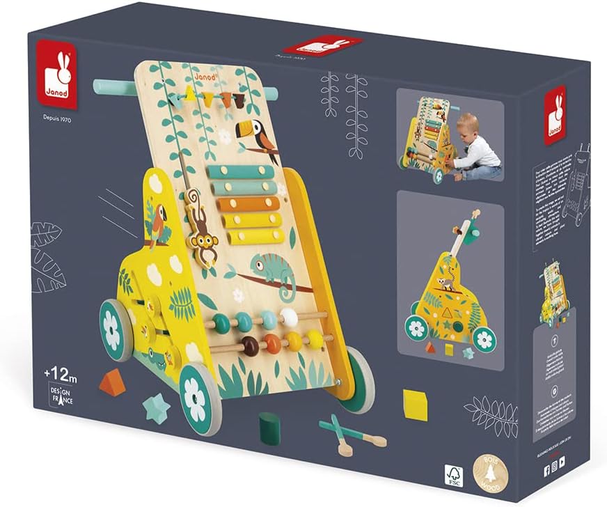 - Tropik - Multi-Activity Trolley - Walker with Blocks - Wooden Pull-Along Cart - Early-Learning - from 18 Months - Multilingual - 382698.