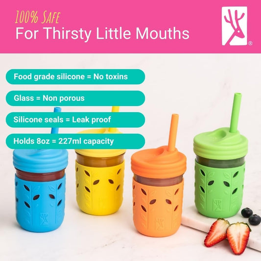 Kids & Toddler Cups | the Original Glass Mason Jars 8 Oz with Silicone Sleeves & Silicone Straws with Stoppers | Smoothie Cups | Spill Proof Sippy Cups for Toddlers