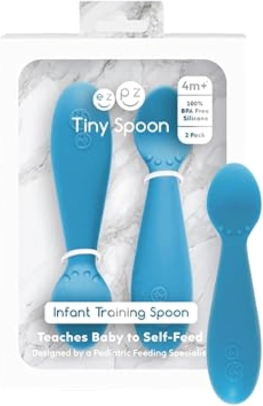 Tiny Spoon (2 Pack in Blue) - 100% Silicone Spoons for Baby Led Weaning + Purees - Designed by a Pediatric Feeding Specialist - 4 Months+