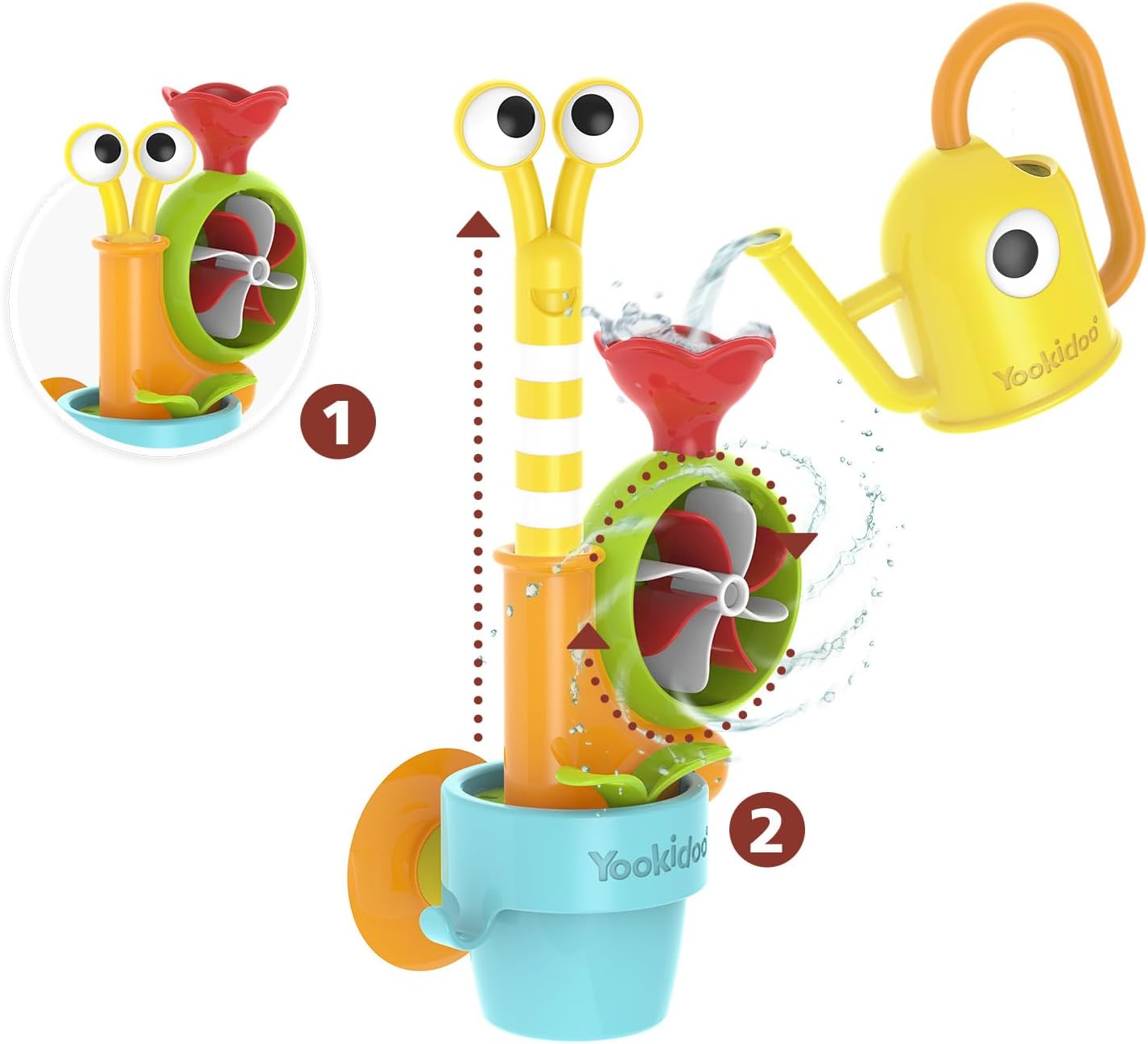 Toddler Baby Bath Toy (Ages 1-3) Garden Adventure Set Bundle: Snail & Flower with Watering Can (Mold Free) Attach to Any Tub, Shower Fun for Bath Time - Great for Boys , Girls & Kids