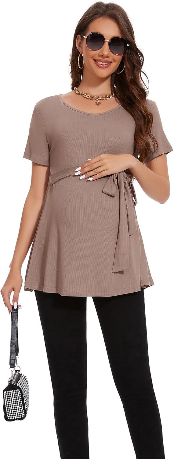 Women'S Short Sleeve Maternity Shirts Tie Front Pregnancy Clothes Tops