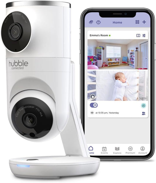 Nursery Pal Dual Vision Smart Camera Wi-Fi Enabled Baby Monitor with AI Motion Tracking, plus Preloaded Soothing Sounds, Lullabies, and Stories, White