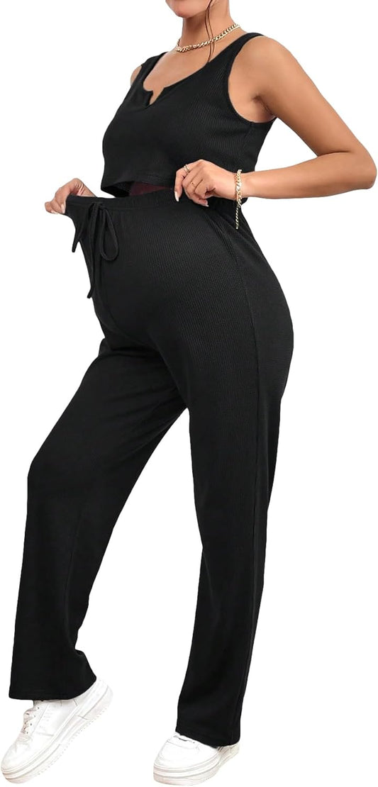 Women'S Maternity 2 Piece Pajamas Set Rib Knit Sleeveless Crop Tank Top and Drawstring Waist Pants Loungewear