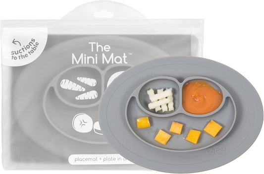 Mini Mat (Gray) - 100% Silicone Suction Plate with Built-In Placemat for Infants + Toddlers - First Foods + Self-Feeding - Comes with a Reusable Travel Bag