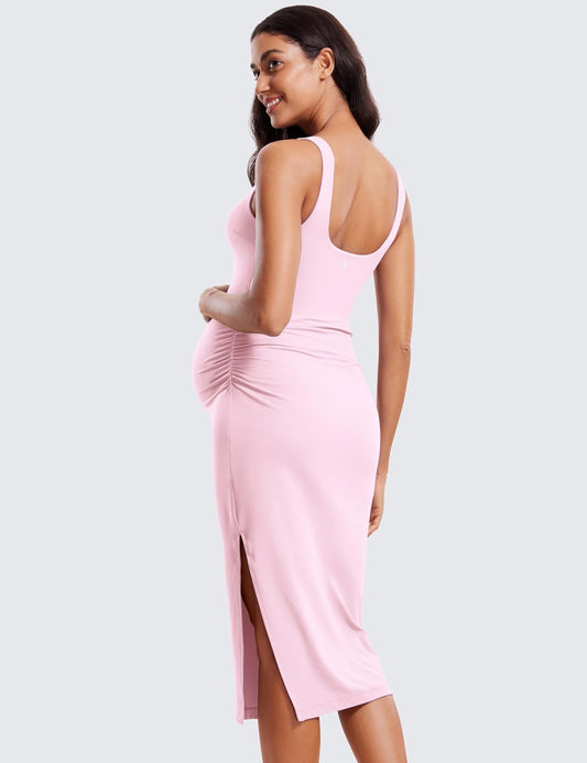 Women Butterluxe Sleeveless Tank Maternity Dress Split Ruched Pregnancy Square Neck Bodycon Casual Baby Shower
